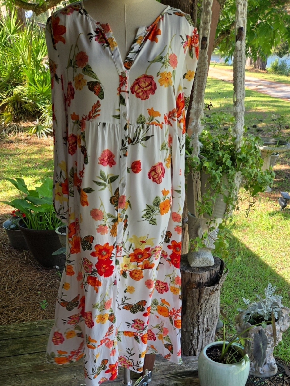 Rose & Everly Butterfly Floral Print Peasant Maxi Dress Size Large